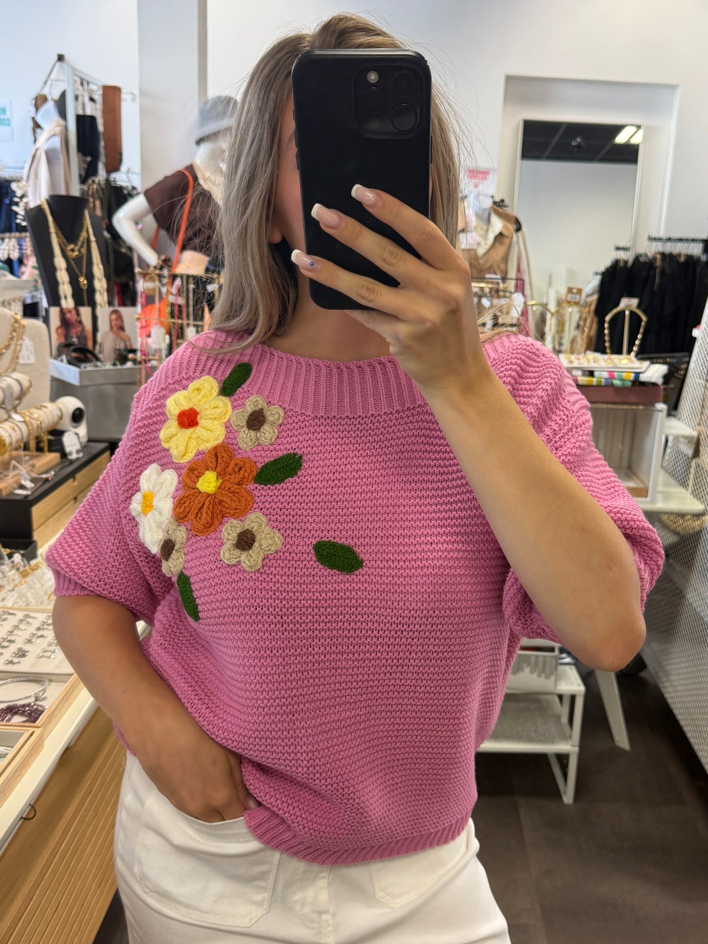 pull manches courtes fleurs 3D
