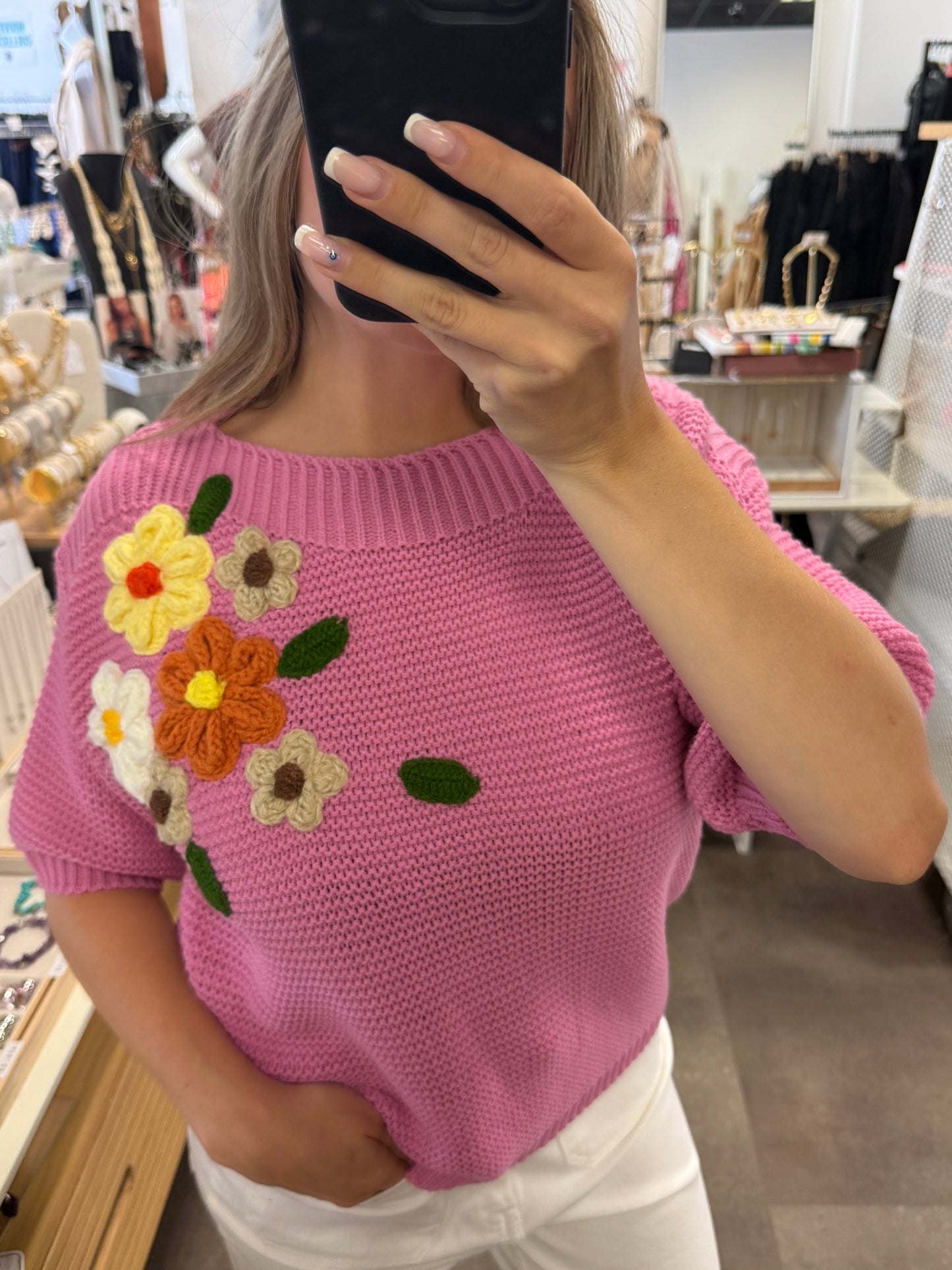 pull manches courtes fleurs 3D