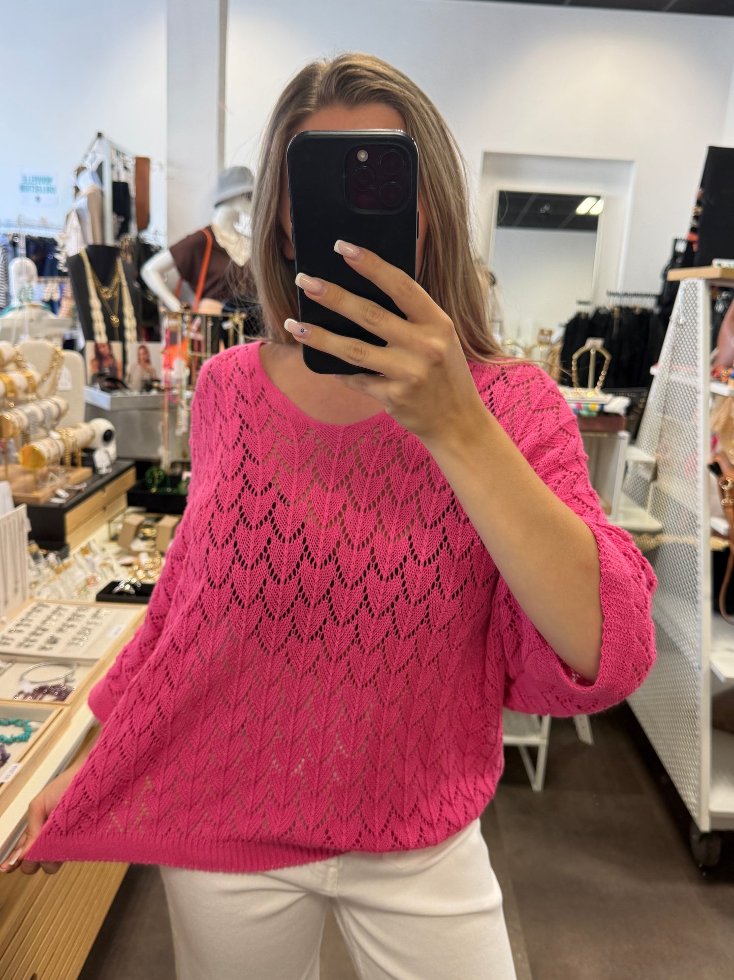 pull maille rose manches chauves souris